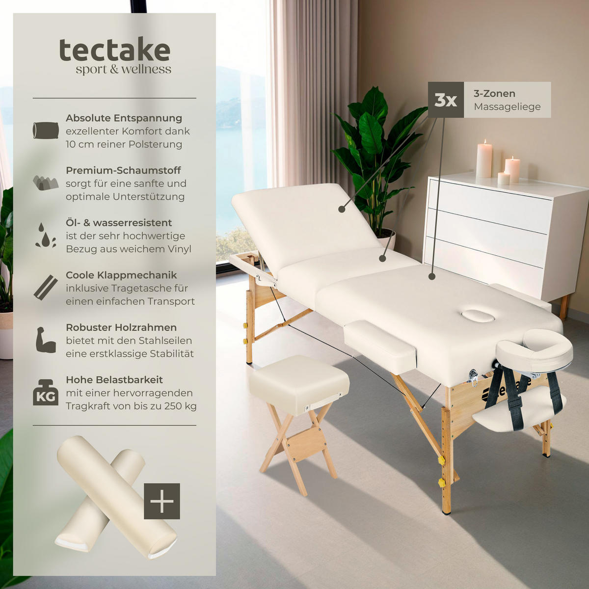MASSAGELIEGE-SET 3 Zonen, 218 x 102 x 90 cm,beige - Beige, Holz (102/90/218cm) - tectake
