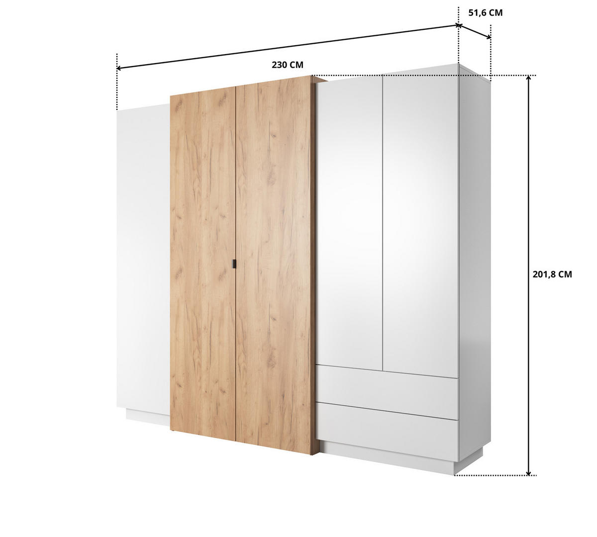 KLEIDERSCHRANK Viano H 230 cm Weiß / Eiche Craft Gold - mit Innenspiegel - Eichefarben/Weiß, Holz/Holzwerkstoff (230/202/52cm) - Ravio