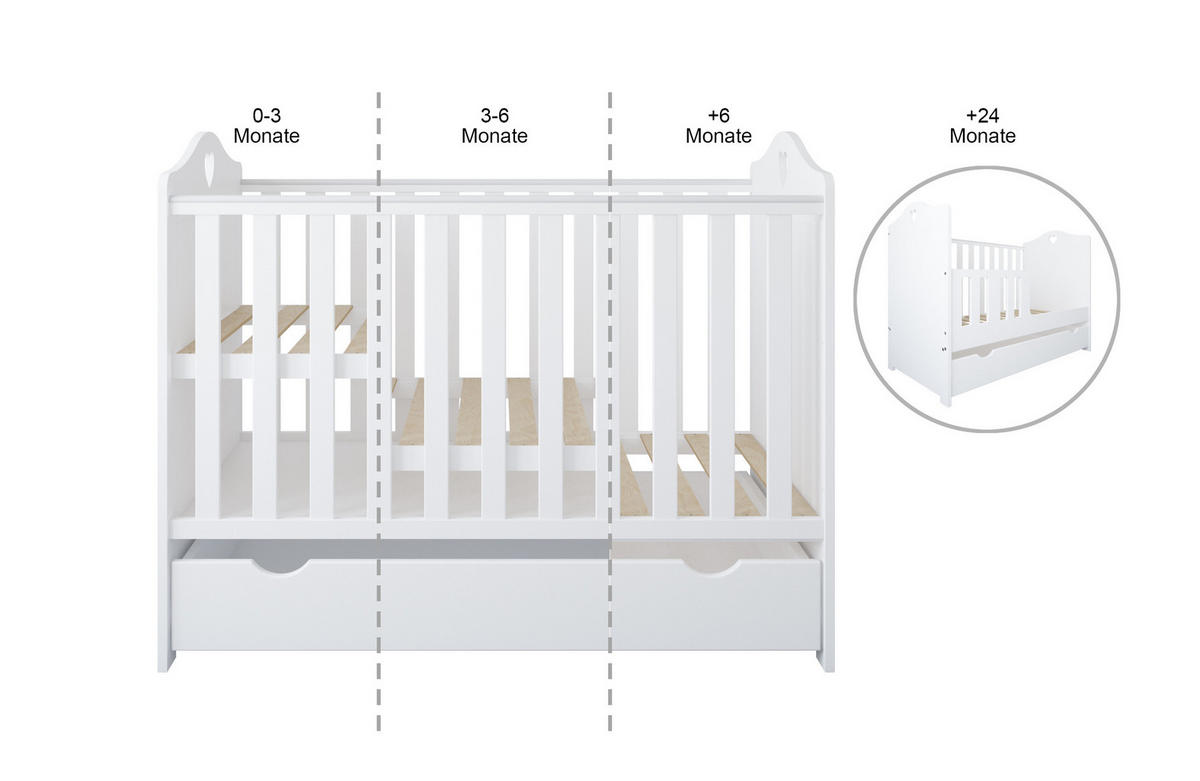 GITTERBETT Kleines Herz 2in1 mit Matratze - Weiß, Holzwerkstoff - kiki design