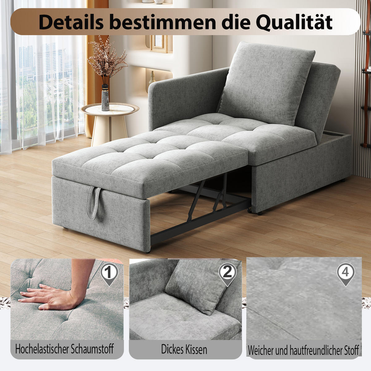 SCHLAFSOFA 3-in-1 Leinen mit 5-fach verstellbarer Rückenlehne Grau 177/68/65 cm - Grau, Textil (68/65/177cm) - Redom