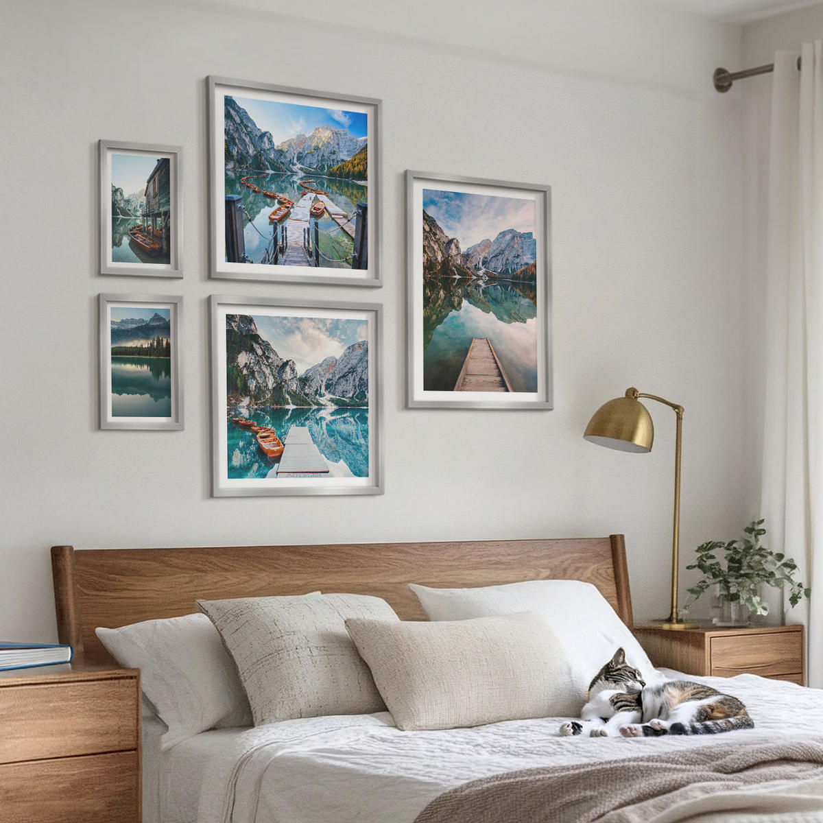 WANDBILDER 5er Set - 50x50 cm & 20x30 cm & 40x60 cm Silberner Rahmen - See Berge Holzboote - Silberfarben, Kunststoff (40/60cm) - ArtPrintCave
