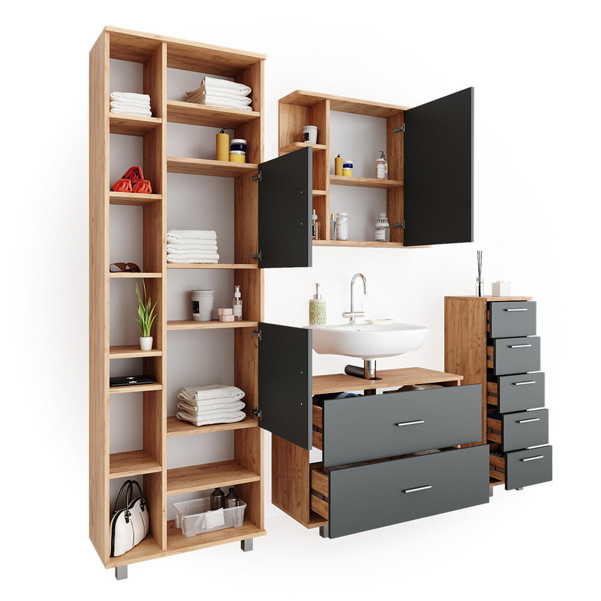 BADMÖBEL-SET Ilias Anthrazit/Goldkraft Eiche 4 Teile, mit Hochschrank - Anthrazit/Eiche Wotan, Holzwerkstoff (80.2/60.8/33cm) - Vicco