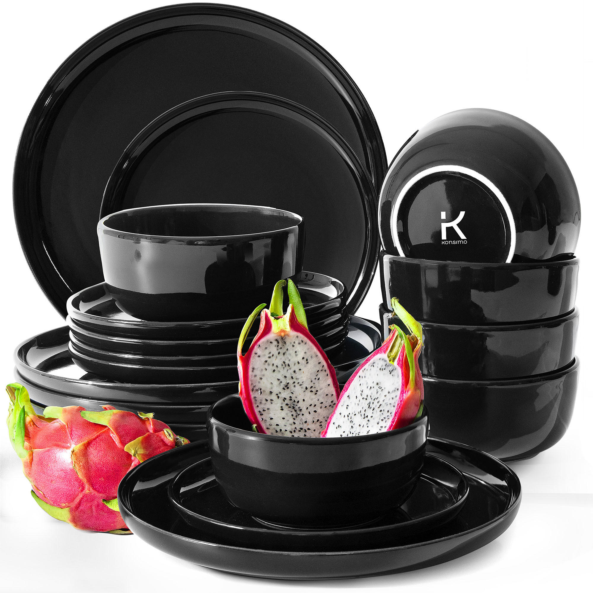 TAFELSERVICE VICTO Schüssel 6 Personen 18-tlg - Schwarz Hochglanz, Keramik (27/2/27cm) - KONSIMO®