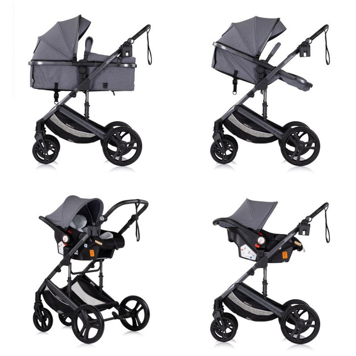 KOMBIKINDERWAGEN Amore 3 in 1 grau gemustert Babyschale Adapter Wickeltasche Fußabdeckung - Dunkelgrau, Metall (95/63/105cm) - Chipolino