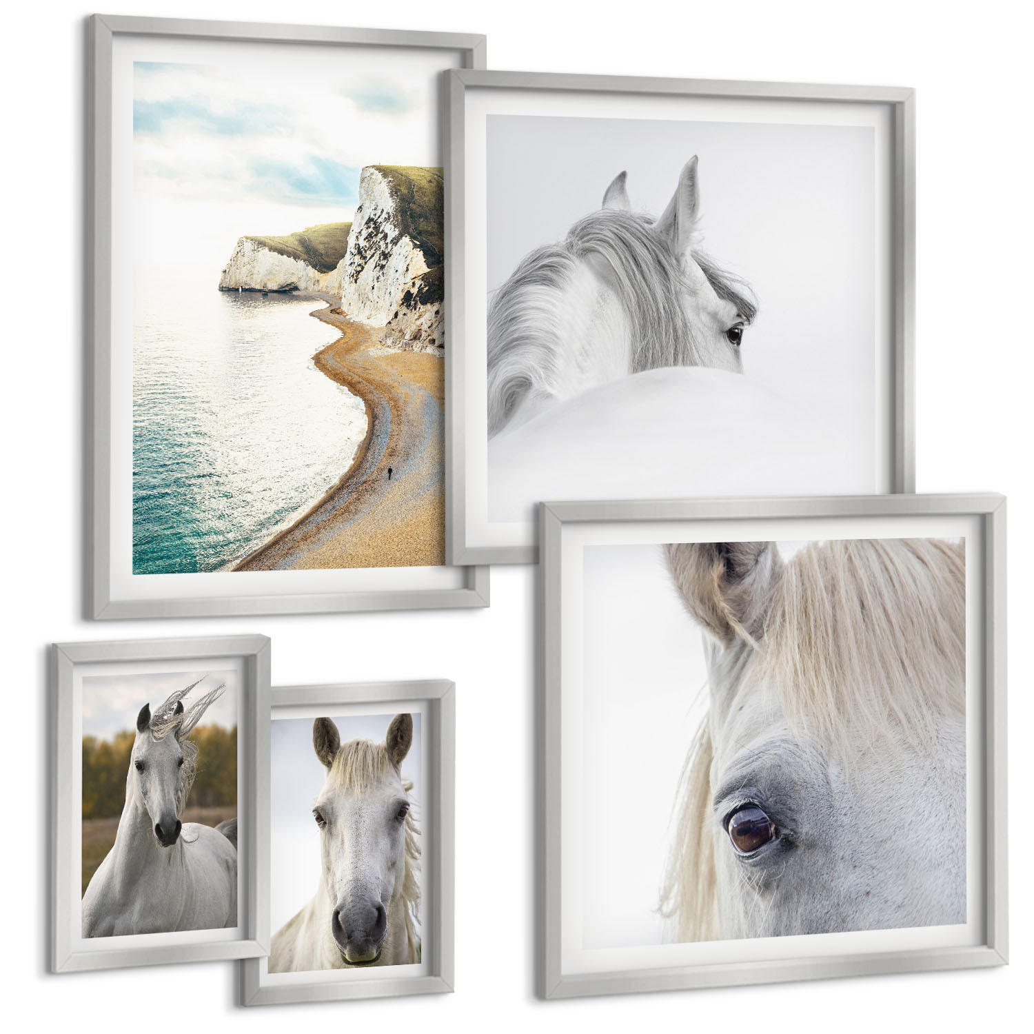 BILDER SET 5er Set - 50x50 cm & 20x30 cm & 40x60 cm Silberner Rahmen - Kontrastierende abstrakte Porträts - Silberfarben, Kunststoff (40/60cm) - TULUP