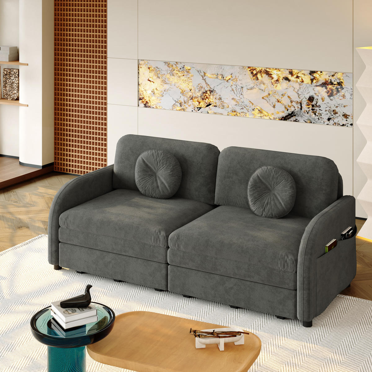 SCHLAFSOFA 166/84/90 cm Grau Chenille mit losen Kissen und Stautaschen an beiden Seiten - Grau, Textil (84/90/166cm) - Oxeza