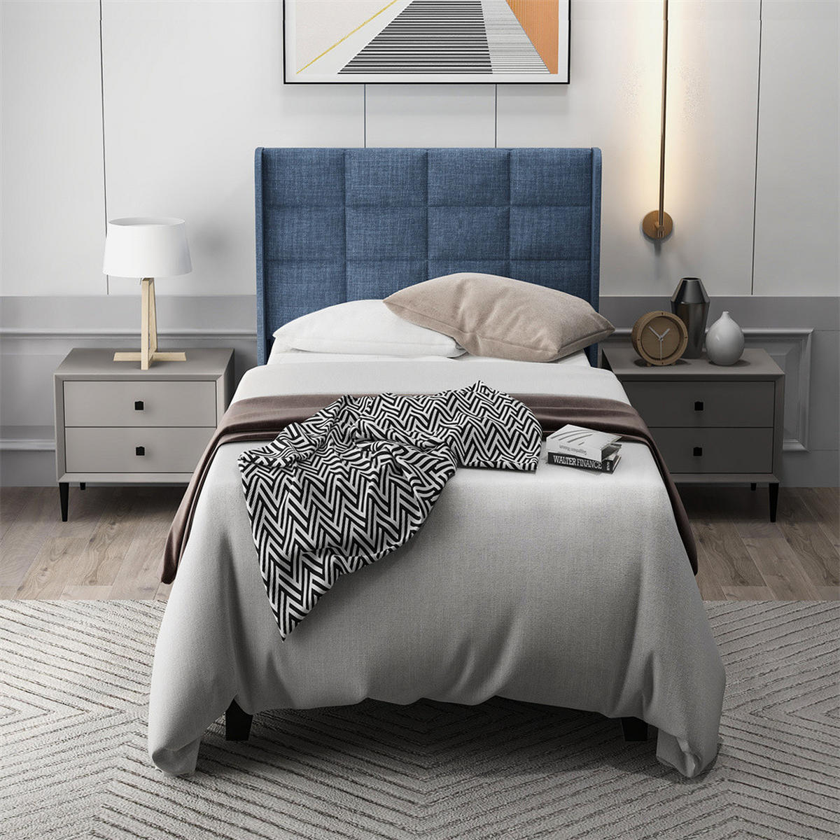 POLSTERBETT 90/200cm in Blau Leinen(Ohne Matratze) - Blau, Holz/Textil (90/200cm) - KOMHTOM