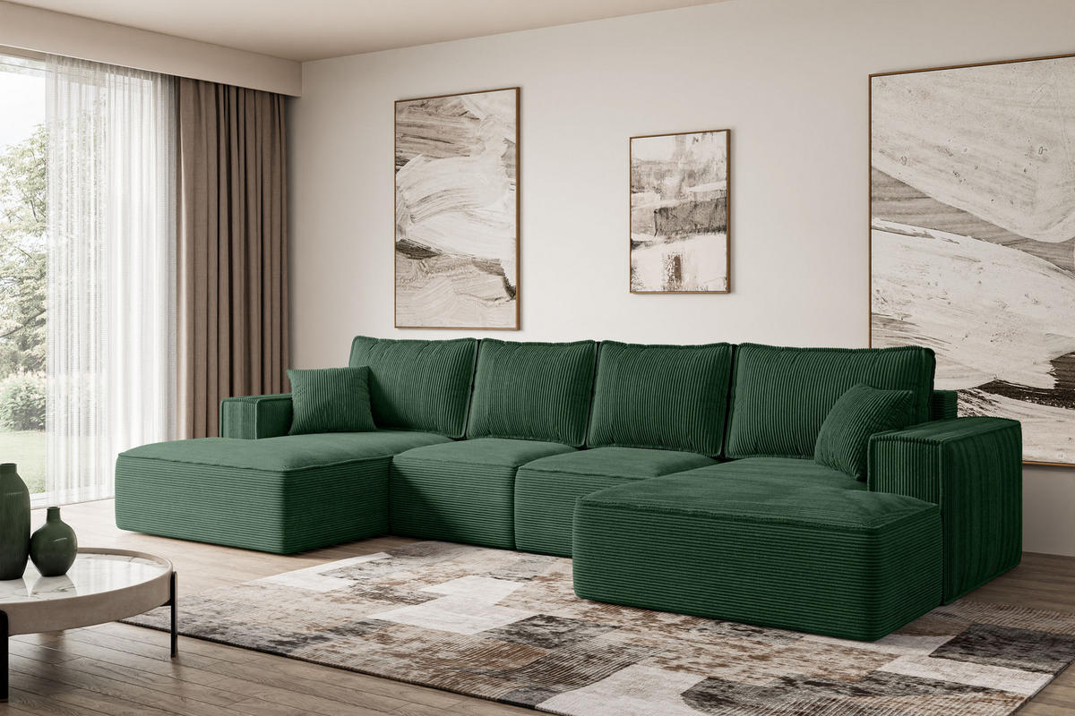 WOHNLANDSCHAFT mit Schlaffunktion und Bettkasten SIERRA-U-S - 349x161x87 cm Grün Cord - Schwarz/Grün, Holzwerkstoff/Kunststoff (349/87/161cm) - ALTDECOR