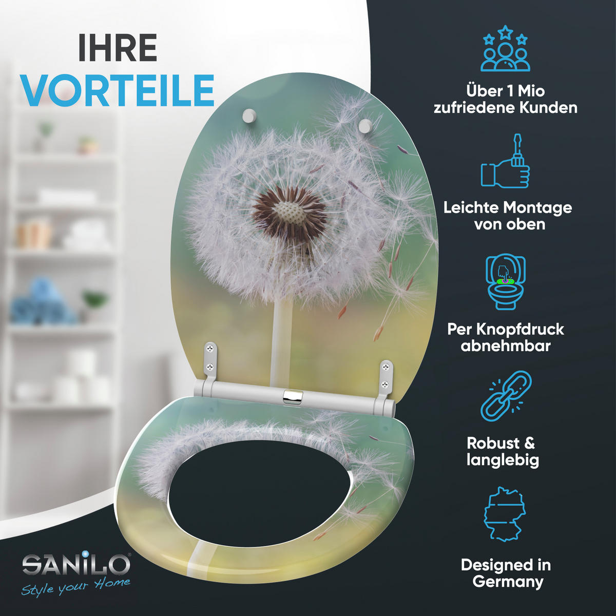 WC-SITZ mit Absenkautomatik & Top Fix Pusteblume - Türkis, Holzwerkstoff (37.7/5.5/48cm) - Sanilo