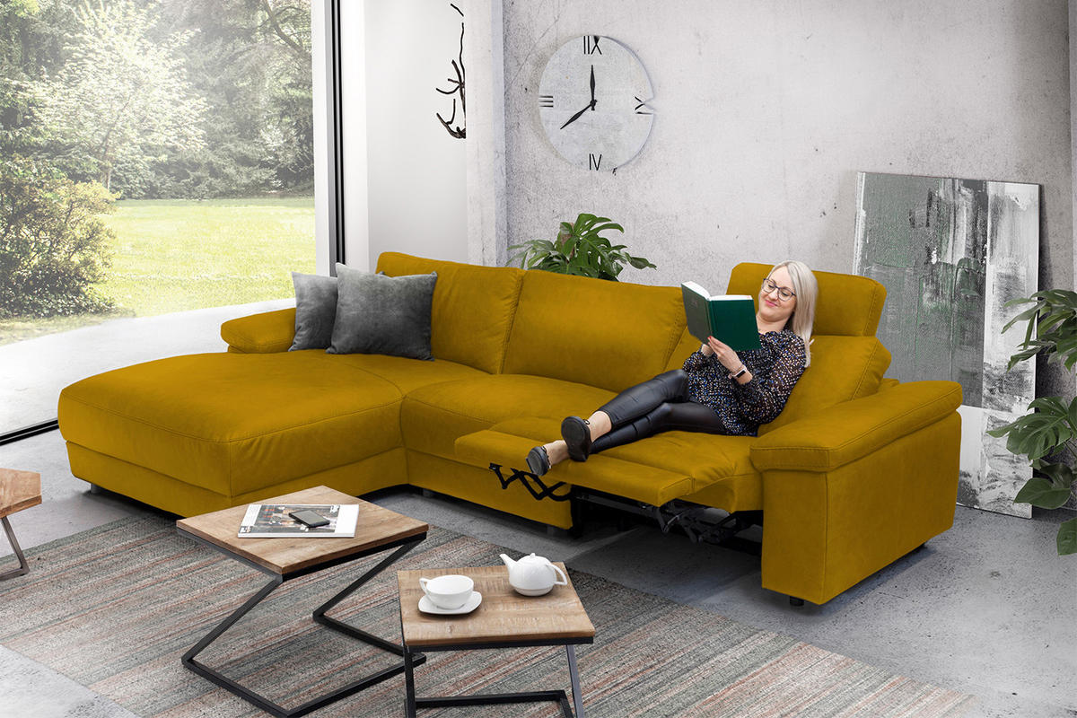 ECKSOFA XL MOTOR. RELAXFUNKTION LOLA Gelb Webstoff - Gelb/Schwarz, Textil (304/178cm) - KAWOLA