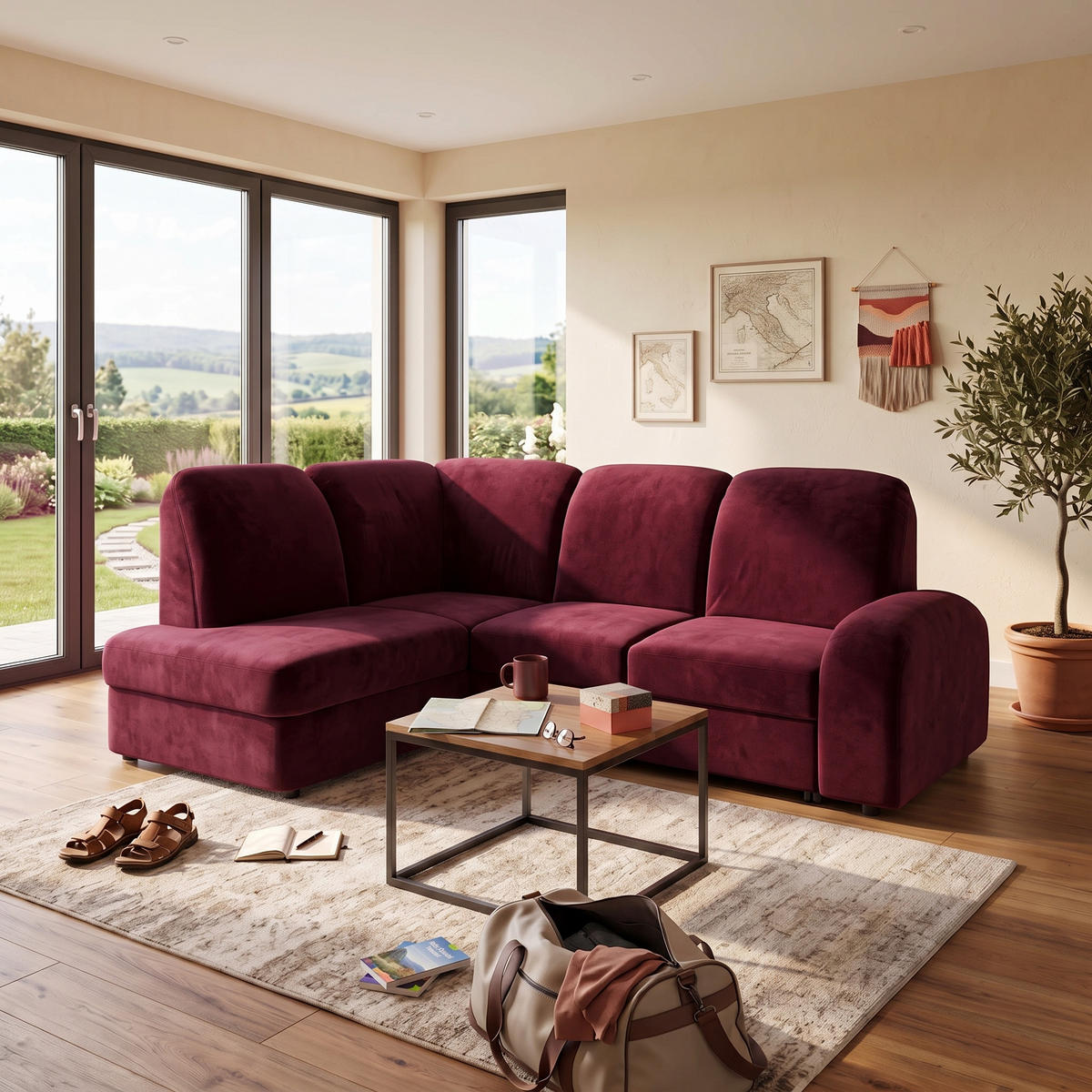 ECKSOFA VIBE L Links mit Schlaffunktion 129x205 Chenille Bordeaux - Bordeaux/Schwarz, Holz/Kunststoff (186/250cm) - Muffo
