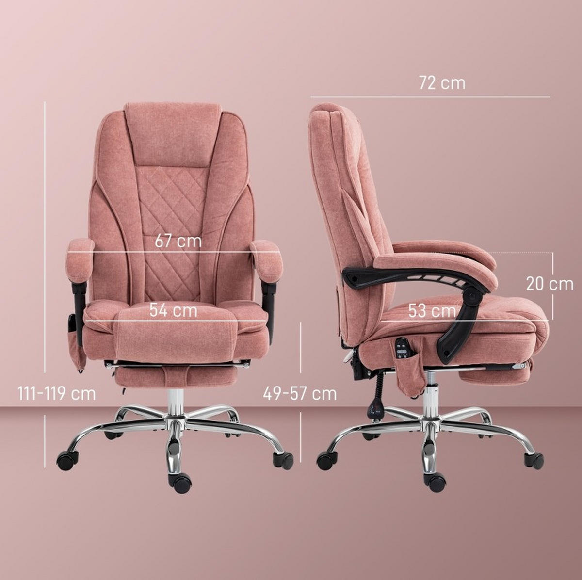 DREHSTUHL 72/67/111-119 cm rosa aus Polyester mit Massage und Wärme - Pink, Kunststoff (67/119/72cm) - OKWISH
