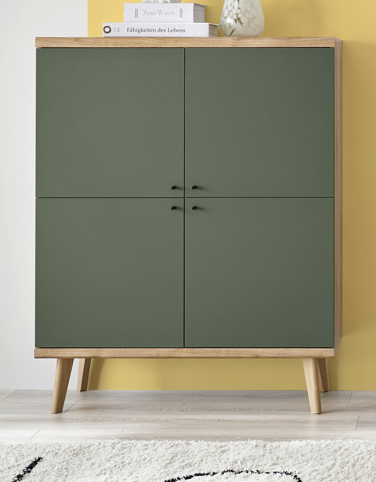 HIGHBOARD Salbei grün, Eiche Evoke, skandinavisch 107 cm, Kommode mit viel Stauraum - Salbeigrün/Eichefarben, Holz/Holzwerkstoff (107/134/40cm) - Furn.Design