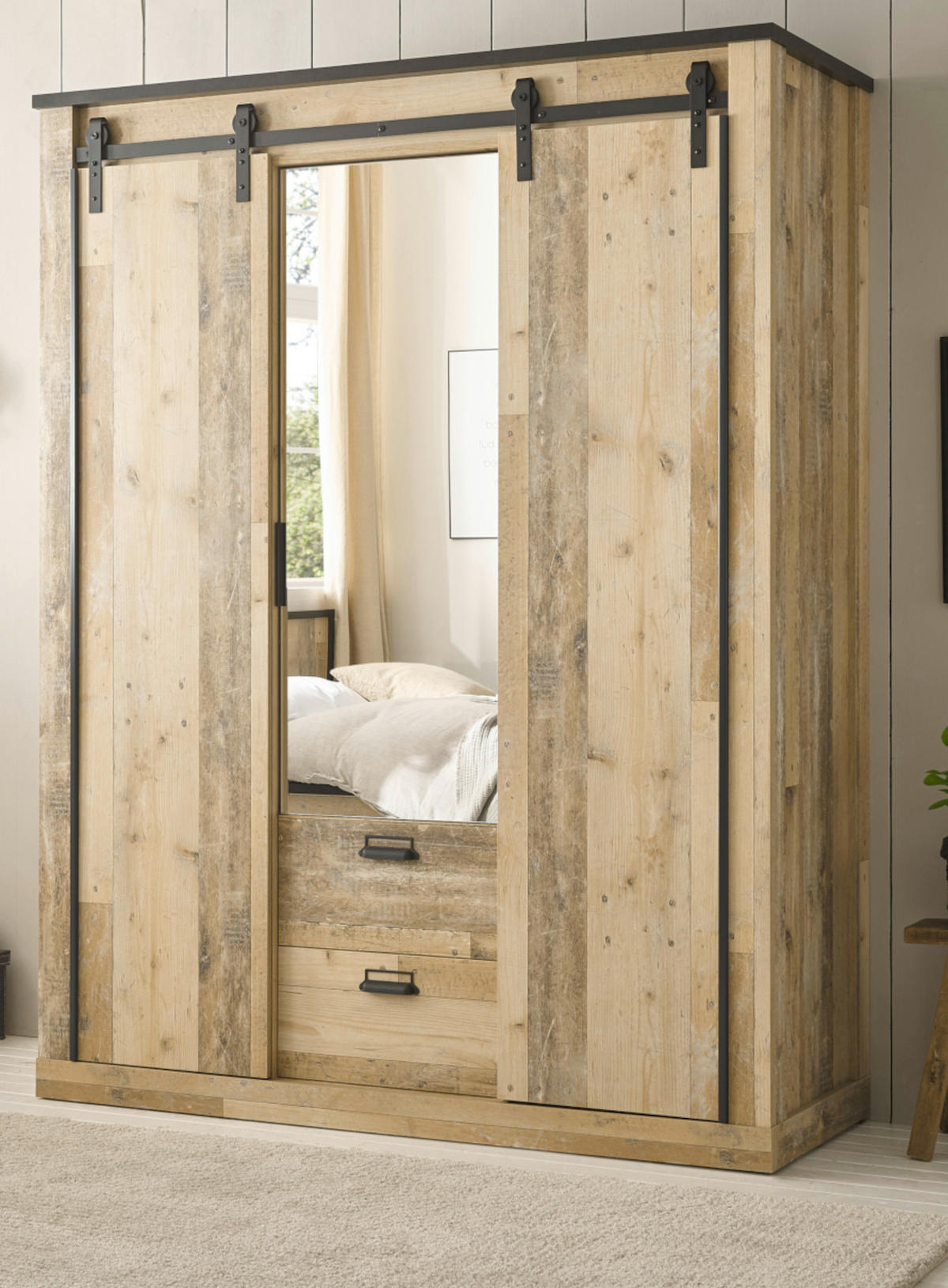 KLEIDERSCHRANK Used Wood hell, dunkles Grau 163 x 209, Schiebetürenschrank 3-türig mit Spiegel - Dunkelgrau/Schwarz, Glas/Holzwerkstoff (163/209/63cm) - Furn.Design