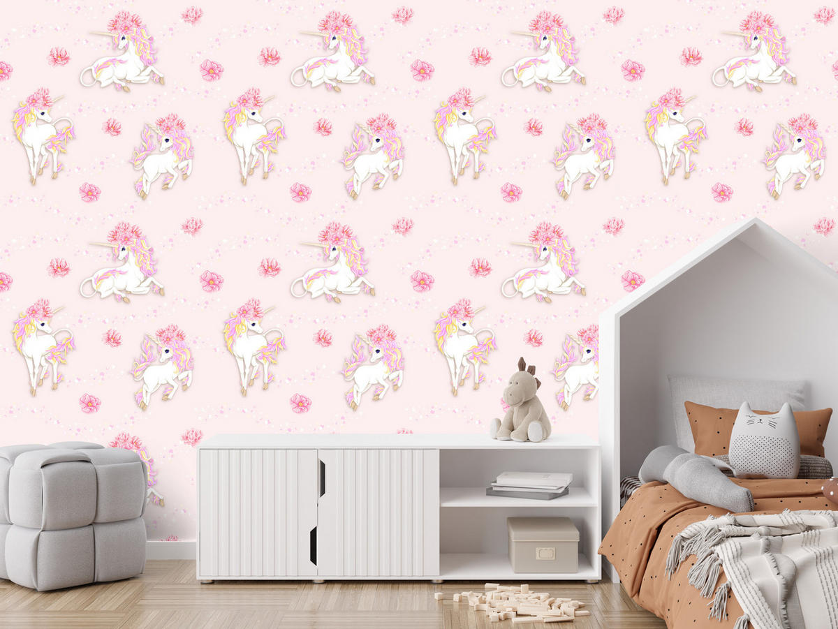 VLIESTAPETE Einhörner und Pfingstrosen – Rosa, Weiß – 50x1000 cm - Rosa/Weiß, Papier (50/1000cm) - Muralo