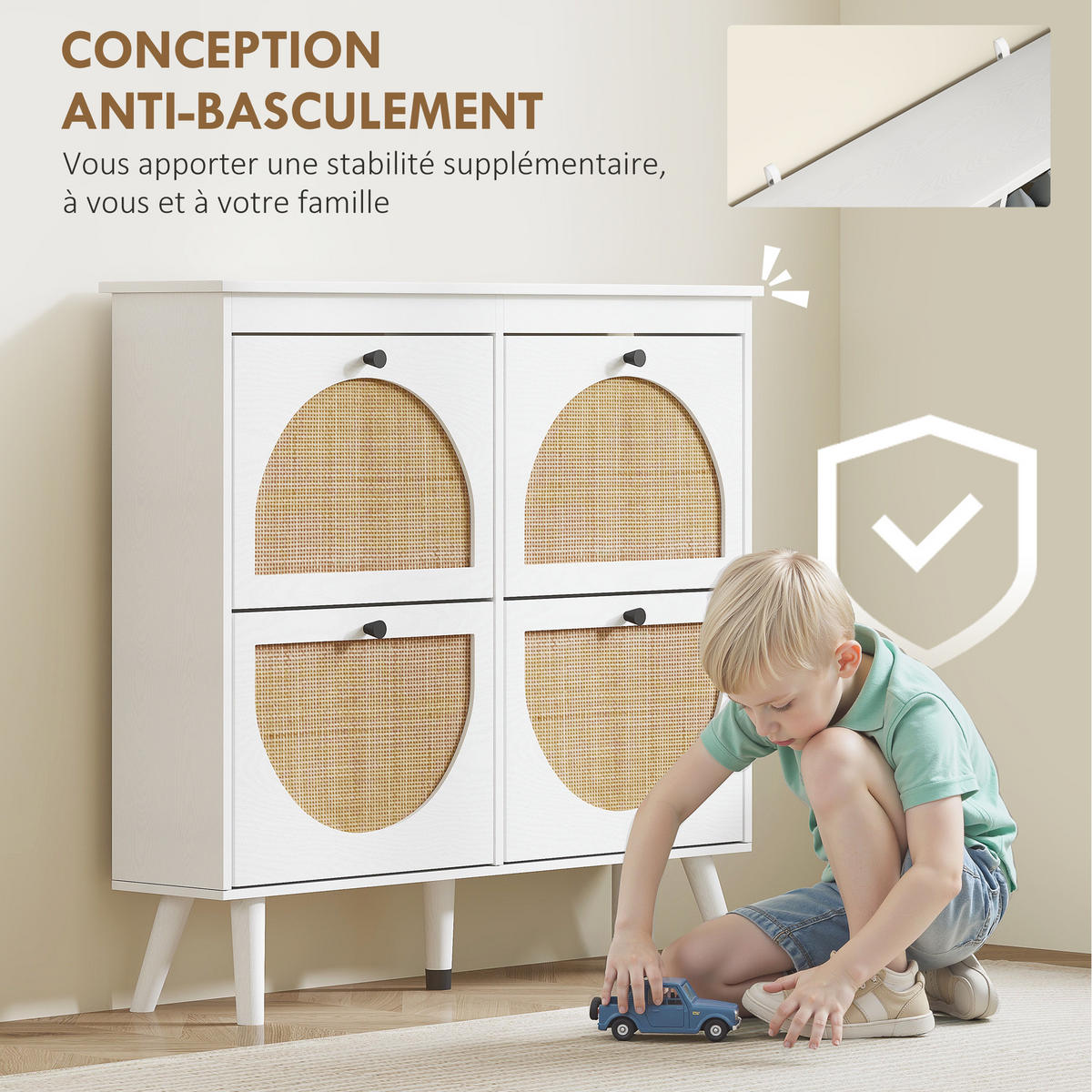 SCHUHSCHRANK DE-15022 4 Klapptüren in Rattan-Optik Weiß - Weiß, Holzwerkstoff (105/97.5/24cm) - ComfortXL