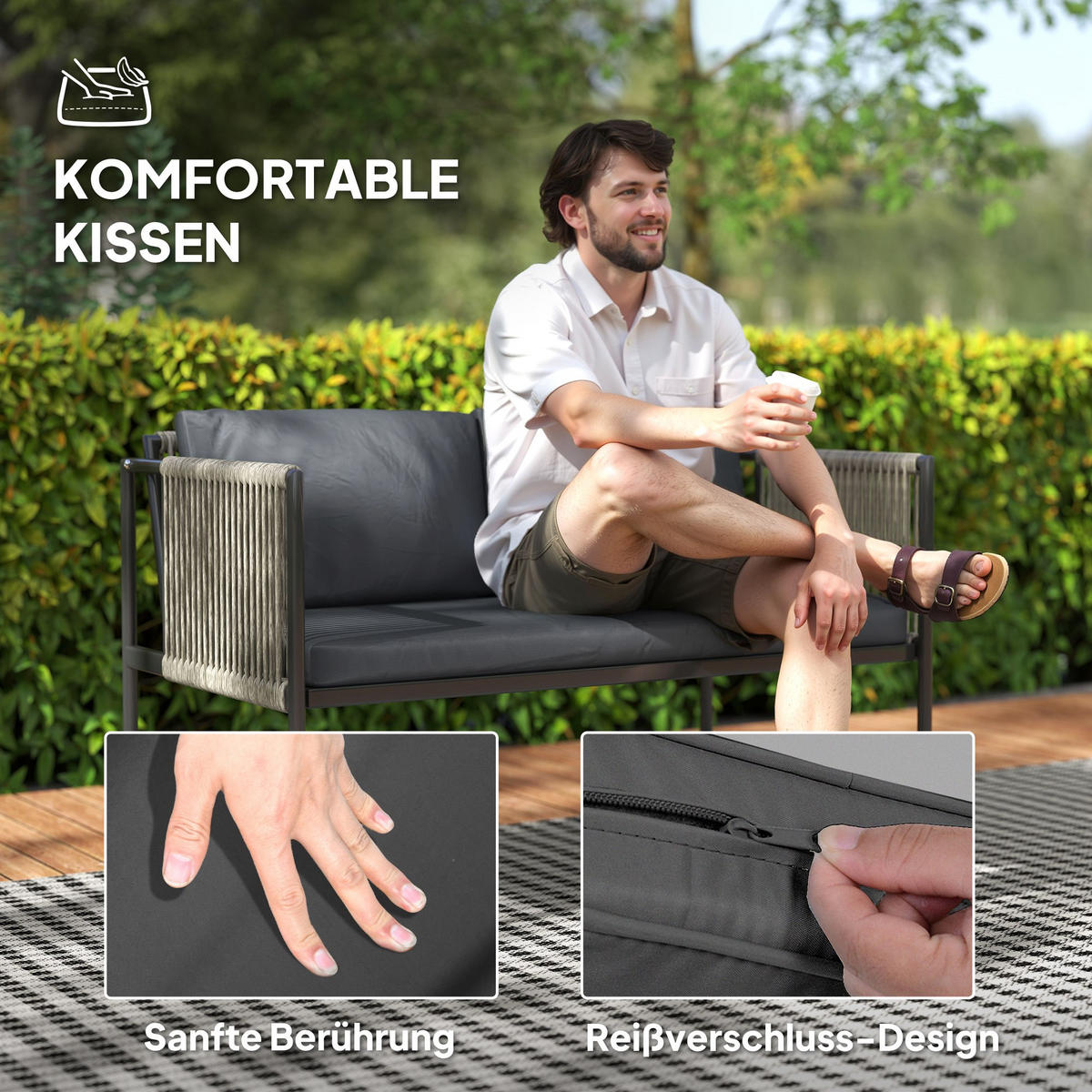 GARTENMÖBEL-SET DE-06725 4-teilig mit Glasplatte Grau - Grau, Kunststoff/Metall - ComfortXL