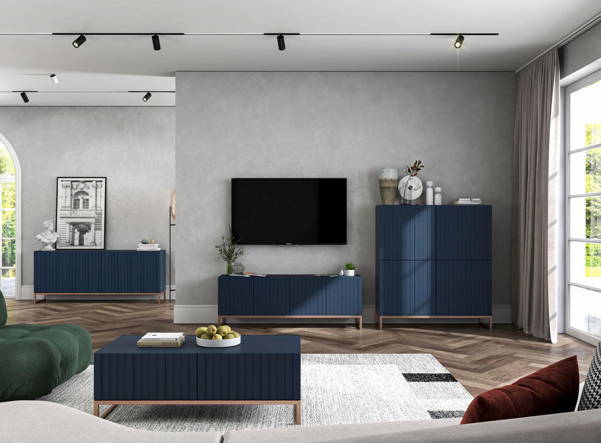KOMMODE Elpis 3D Marineblau Matt Glamour 168 cm - Blau/Kupferfarben, Holzwerkstoff/Metall (168/72/36.5cm) - Meble Lindner