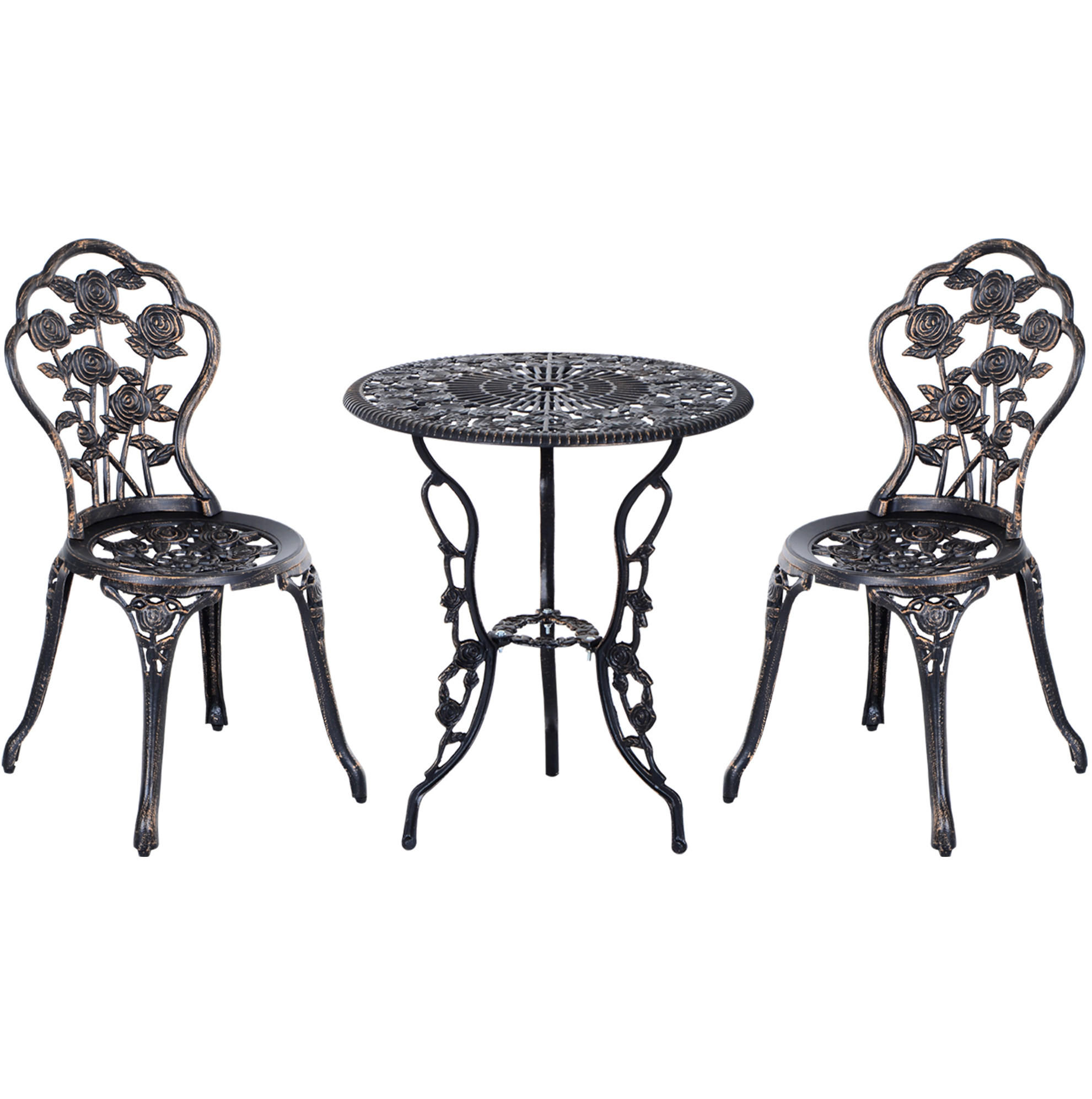 BISTROSET 60/60/67 cm, 3-teilig mit Schirmöffnung und Gussrosenmuster, Metall, Bronze - Bronzefarben, Metall - Redom