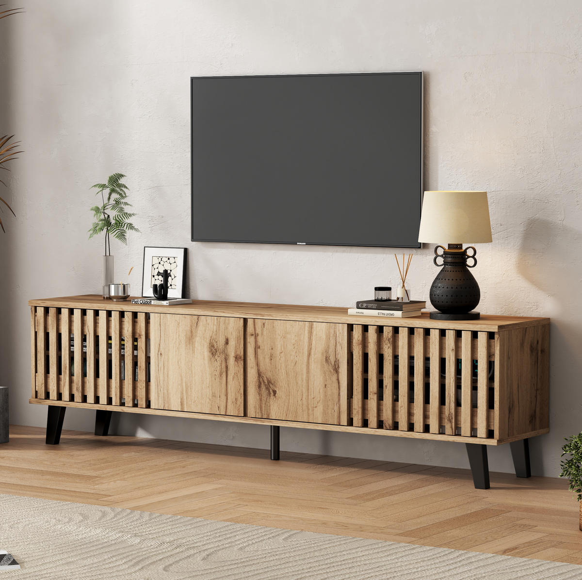 TV-SCHRANK 180/40/55 cm Naturholzfarbe aus Spanplatte mit 8 Fächern - Hellbraun, Holzwerkstoff (180/55/40cm) - OKWISH