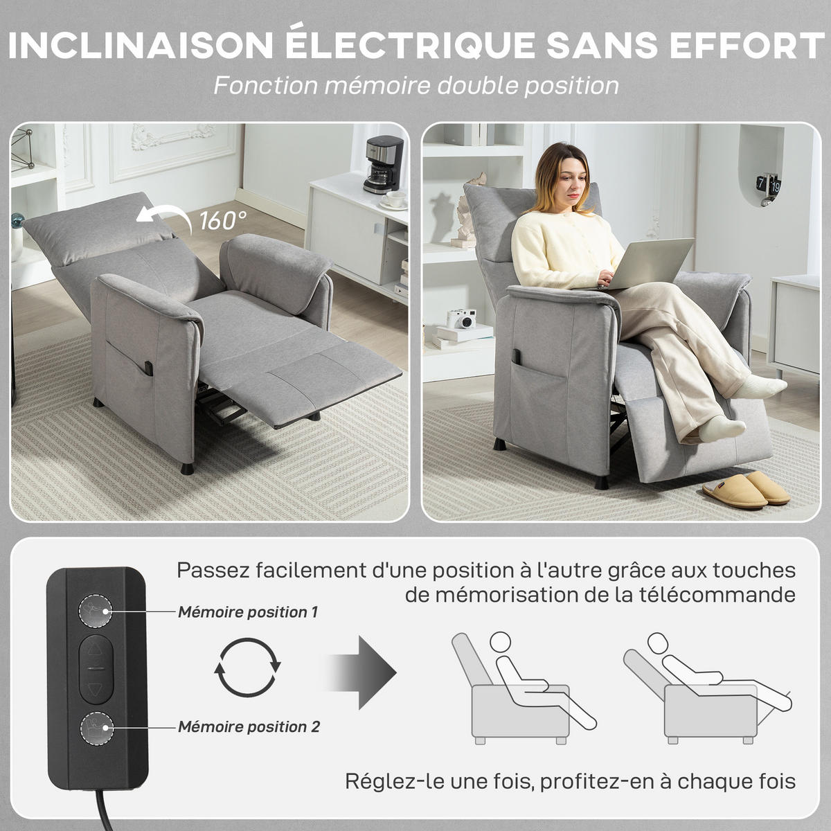 RELAXSESSEL DE-15390 mit Speicherfunktion und verstellbarer Fußstütze Grau - Grau, Metall (80/104/83cm) - ComfortXL