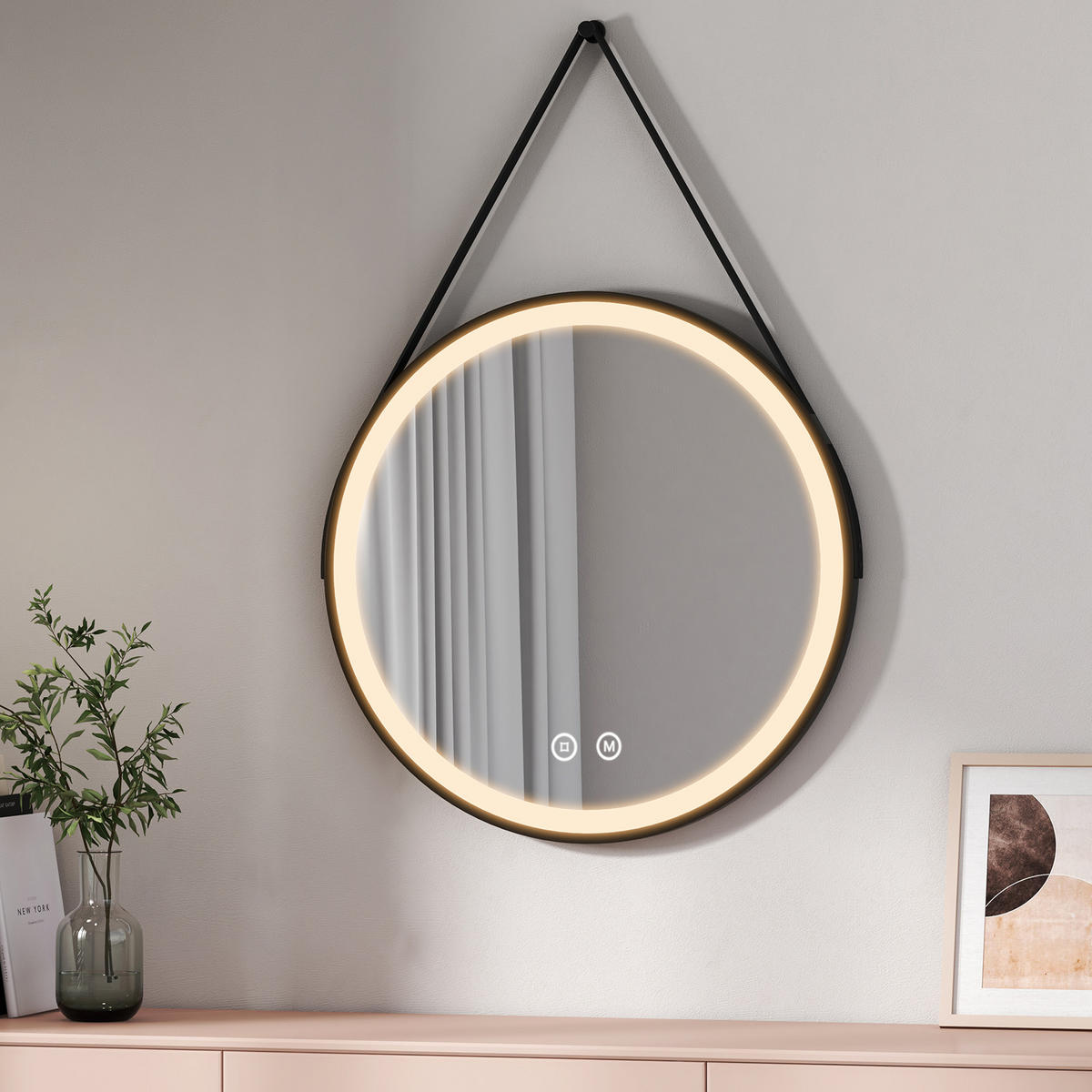 BADSPIEGEL Rund mit Touch-Schalter Beleuchtung mit Hängeriemen Schwarz ф70 cm - Schwarz, Glas (70/3/70cm) - EMKE