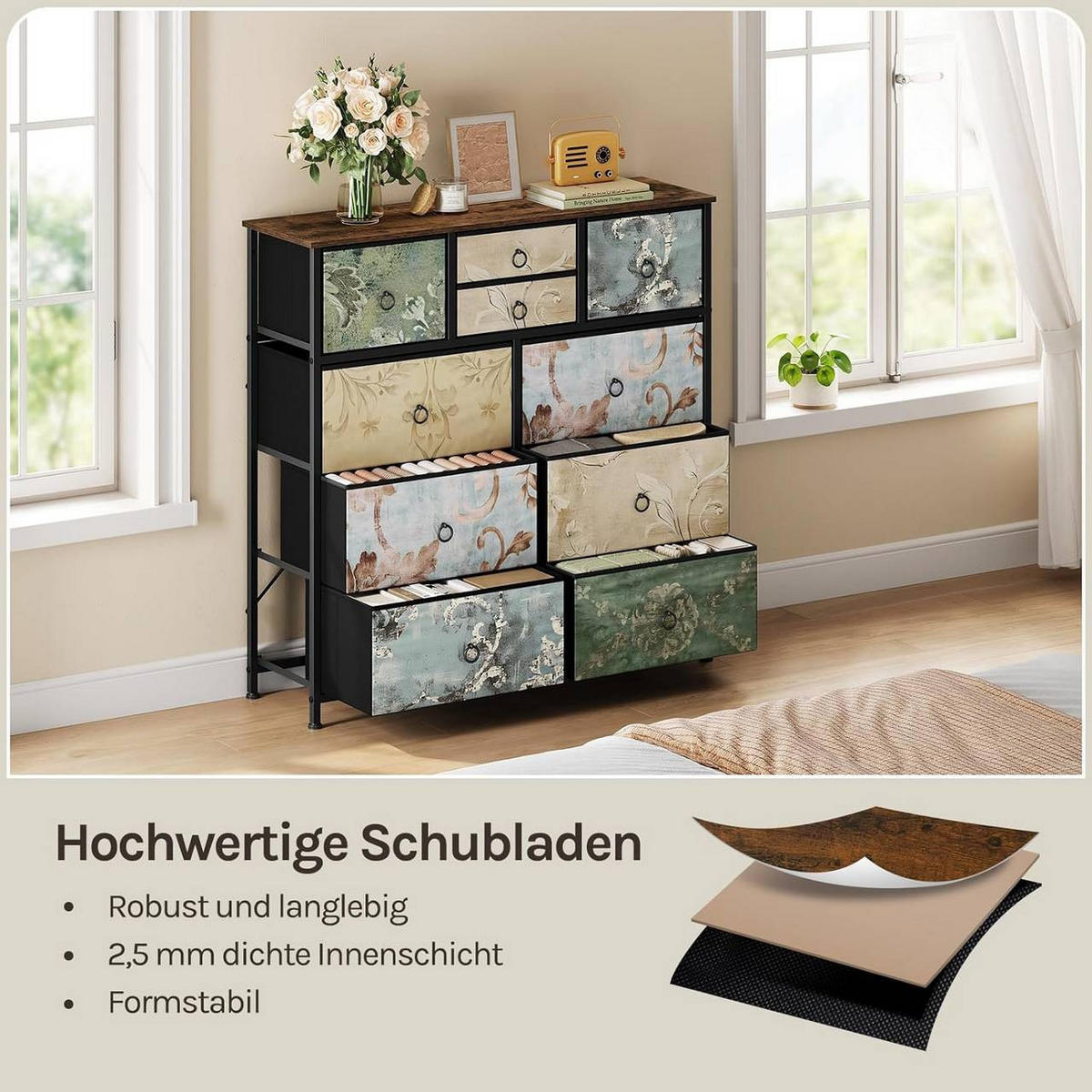 KOMMODE mit 10 Schubladen, aus Stoff, Vintage-Blumenmotiv - Multicolor/Schwarz, Holzwerkstoff/Textil (100/100/30cm) - Woltu