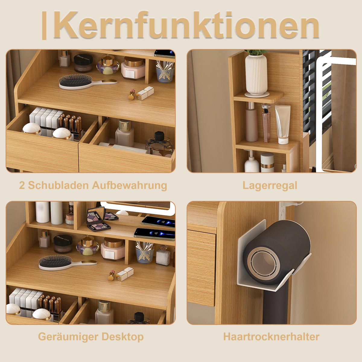 SCHMINKTISCH in Holzoptik 60 cm mit LED-Spiegel, Steckdose und Hocker - Naturfarben, Holzwerkstoff (60/130/36cm) - Urban Meuble