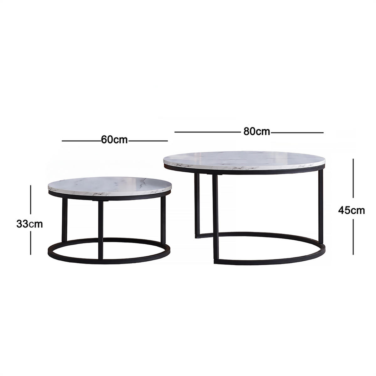 COUCHTISCH 2er-Set - Runder Beistelltisch in Marmoroptik Weiß mit Metallgestell - Schwarz - Schwarz, Holzwerkstoff (80/80/45cm) - DELFA