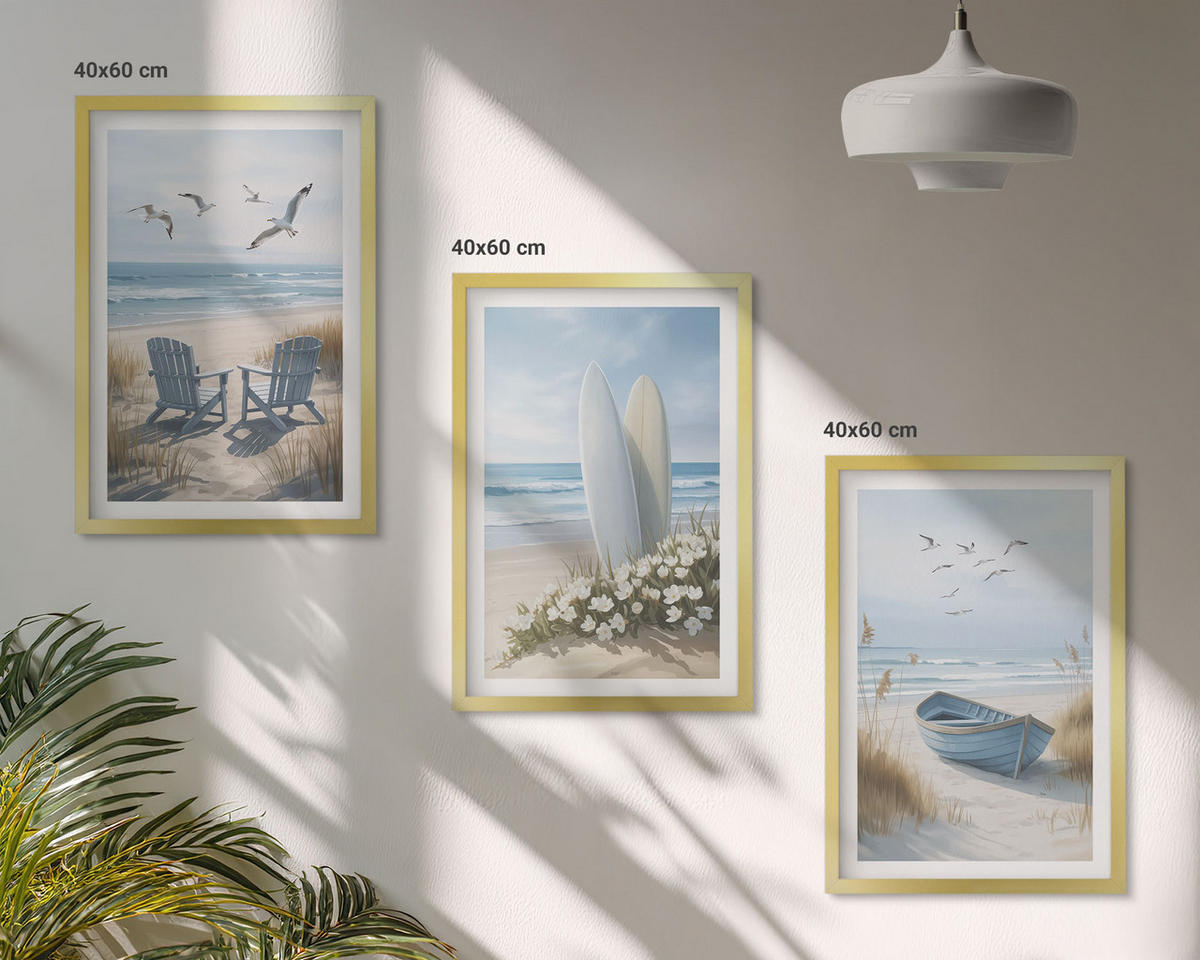 BILDER SET 3er Set - 40x60 cm Goldrahmen - Strand Surfbretter Vögel - Goldfarben, Kunststoff (40/60cm) - TULUP