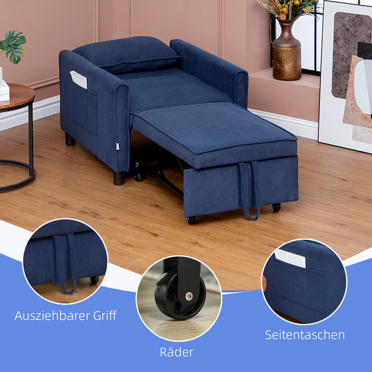 SCHLAFSESSEL, 3-in-1 , Kord, Blau - Blau, Kunststoff (84/81/74cm) - HOMCOM