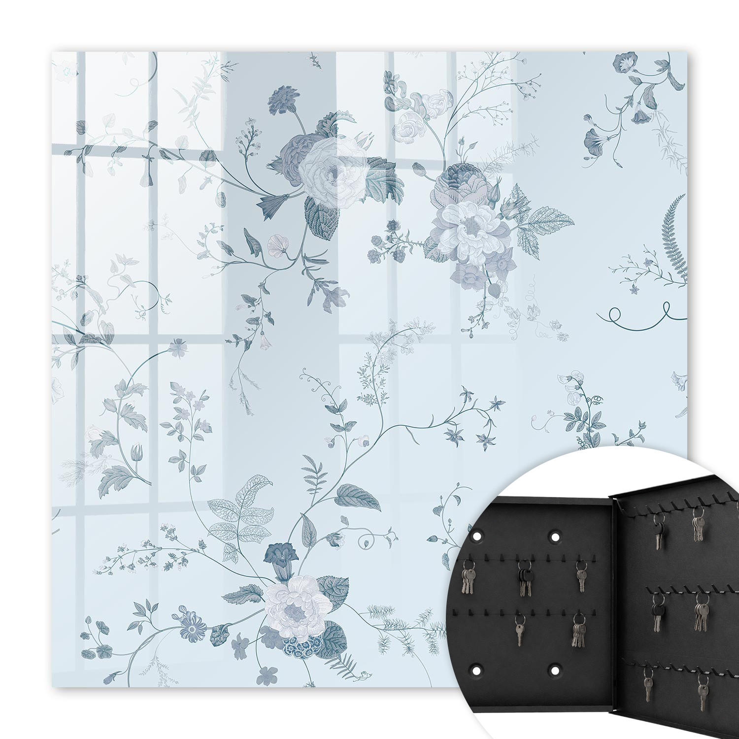 SCHLÜSSELBOX Schwarz 30x30 cm- Türöffnung nach rechts - Botanische Blumen - Blau, Metall (30/30/5cm) - TULUP