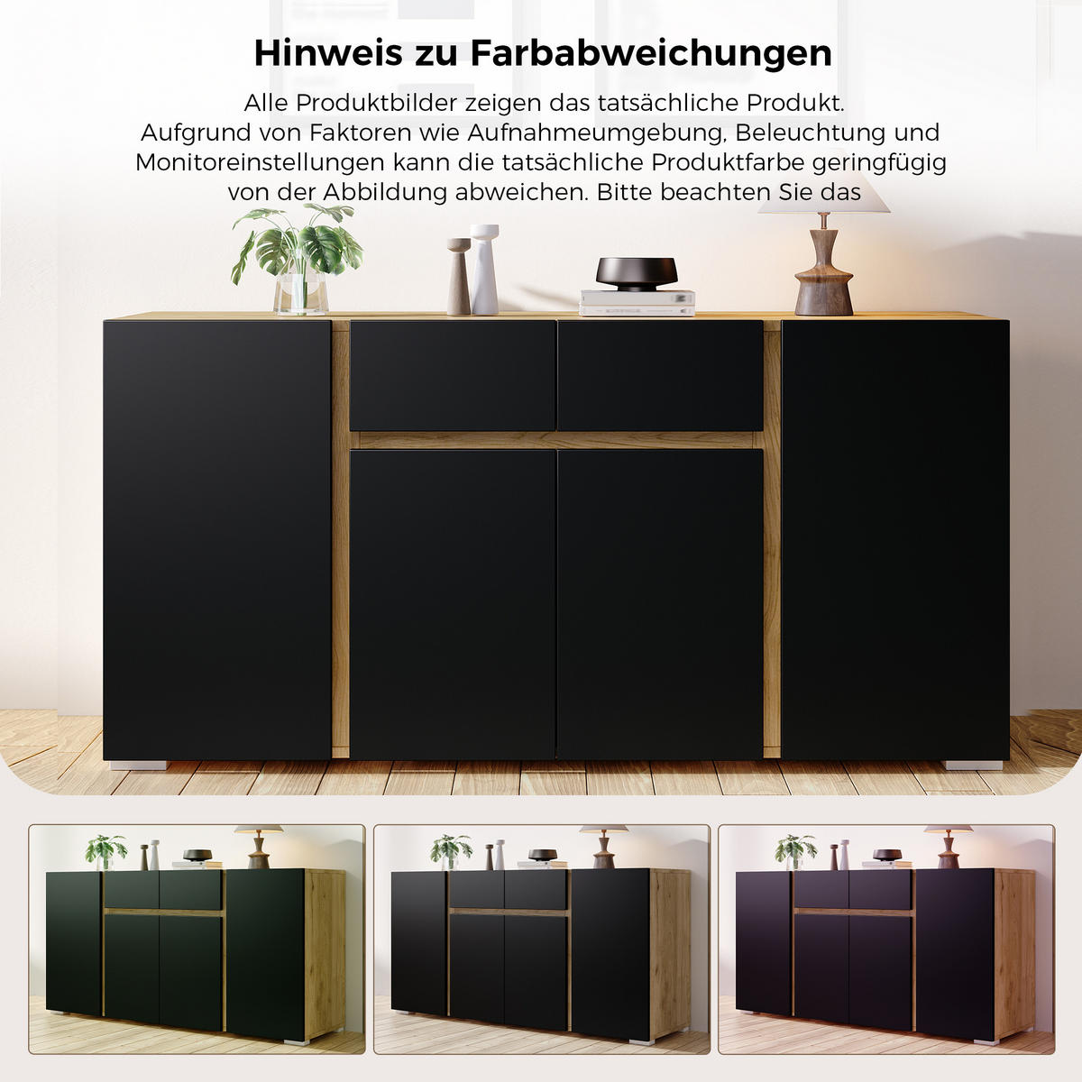 SIDEBOARD 140/35/70 cm mit 4 Türen, 2 Schubladen und verstellbaren Einlegeböden in Schwarz-Holzoptik - Schwarz/Naturfarben, Holzwerkstoff (140/70/35cm) - CHICFURN