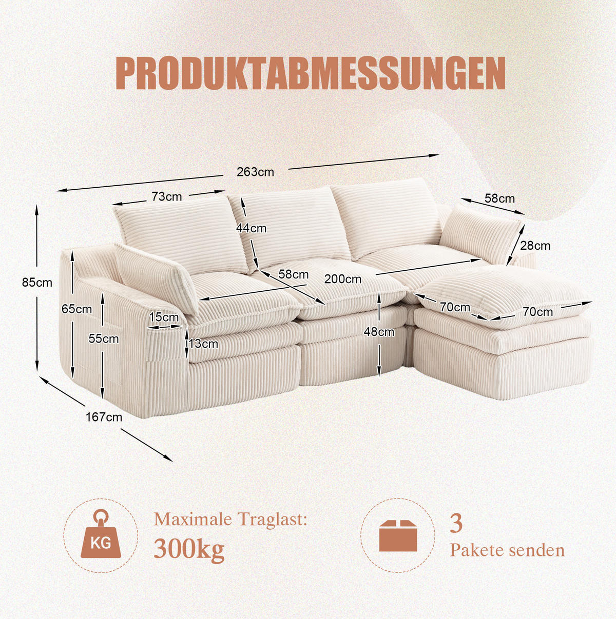 3-STIZER Sofa 263/167/85 cm mit Hocker, Seitentaschen und Federkern, Cord Beige - Beige, Textil (263/85/167cm) - Redom