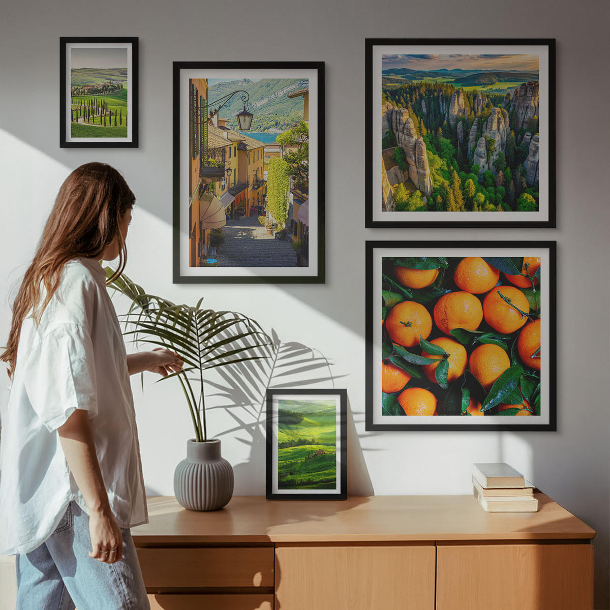 WANDBILDER 5er-Set - 50x50 cm & 20x30 cm & 40x60 cm Schwarzer Rahmen - Italienische Landschaft Orangen Natur - Schwarz, Kunststoff (40/60cm) - ArtPrintCave