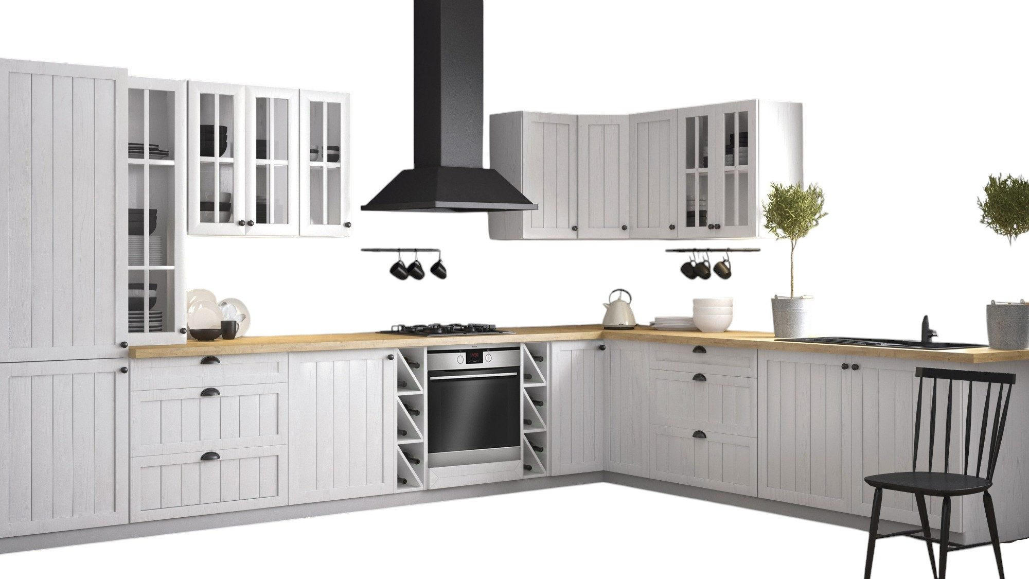 ECKKÜCHE 390 x 290 cm – Provence K5-G390 – in Weiß / Matt - Schwarz/Weiß, Holz/Metall (390/212/58cm) - ROYAL24_MARKT