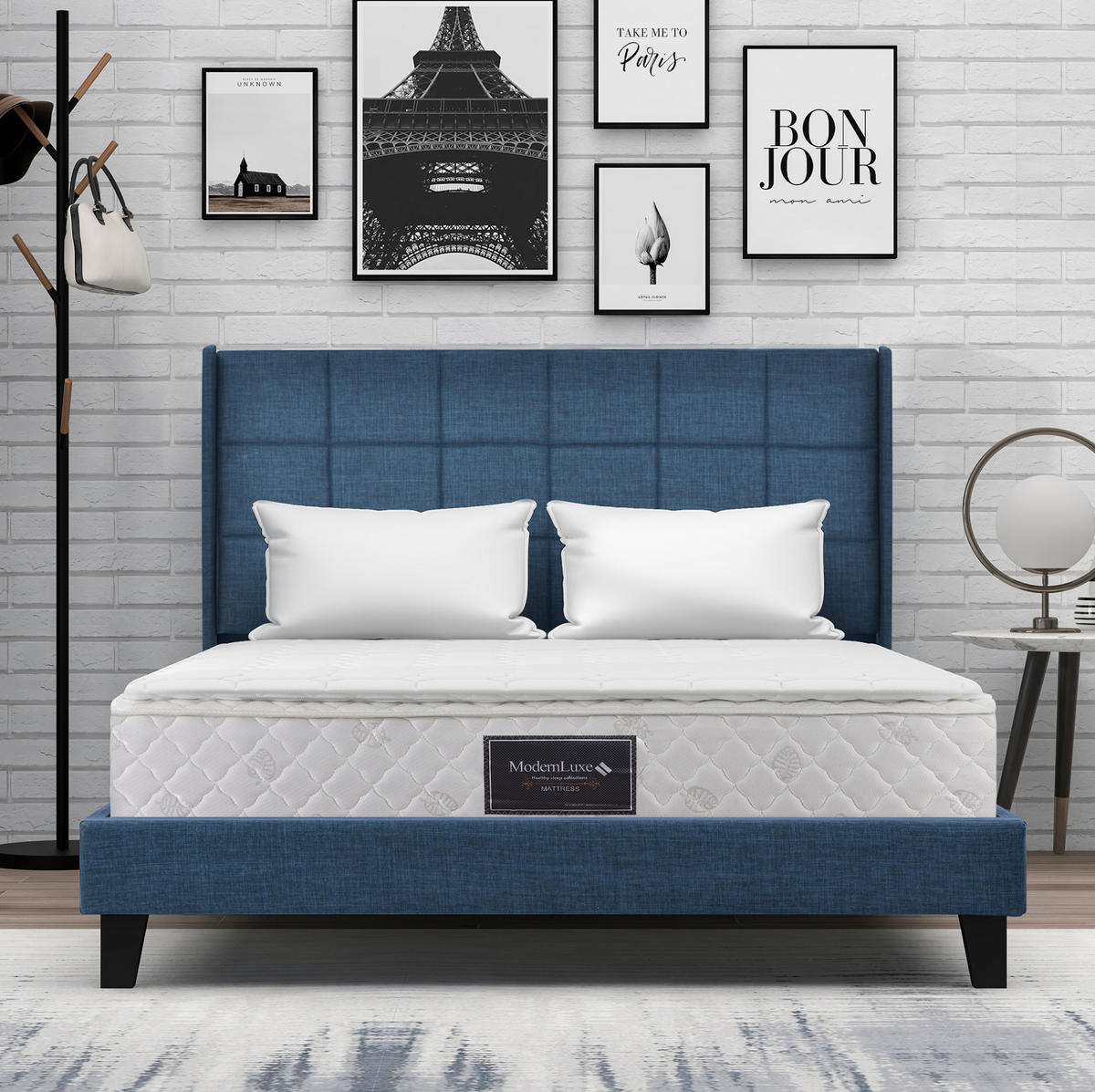 POLSTERBETT aus Leinen 140x200 cm in Blau mit Lattenrost & Matratze - Blau, Textil (140/200cm) - Modfu