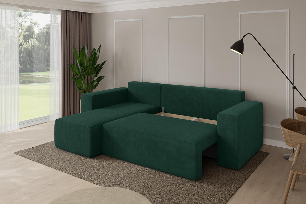 ROHOVÁ SEDAČKA s funkcí spaní, otoman vlevo SENO-L 249x139x85 zelená velur - černá/zelená barva, kompozitní dřevo/textil (249/139cm) - ALTDECOR