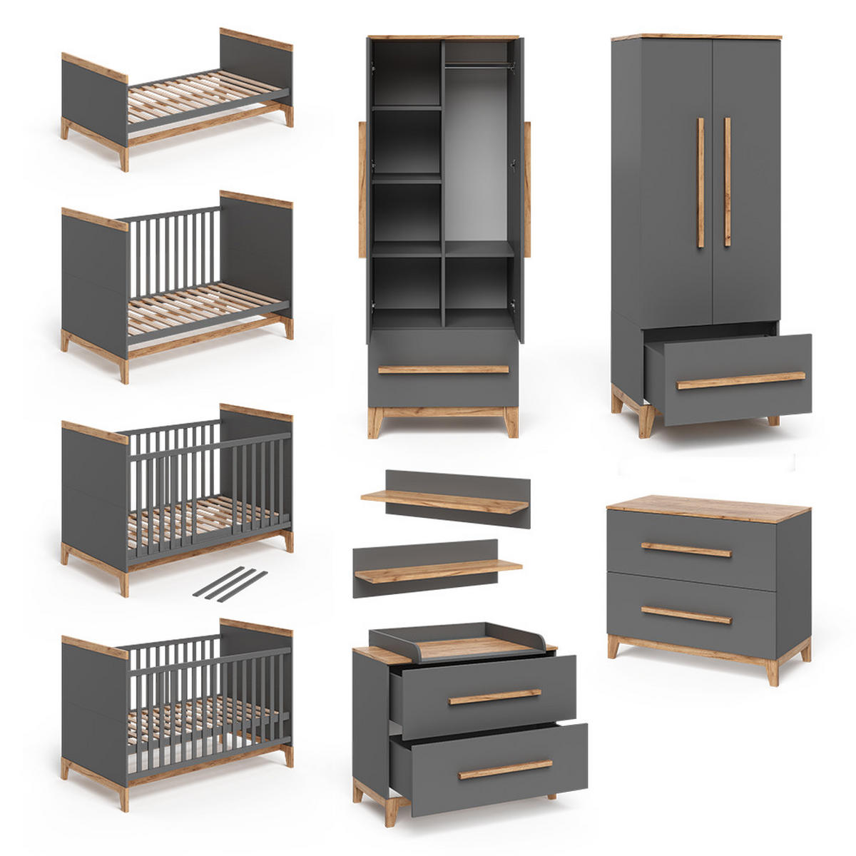 SADA PRO DĚTSKÝ POKOJ Malia Šedá/dubová - šedá/barva dubu, kompozitní dřevo (70/187/50cm) - VitaliSpa