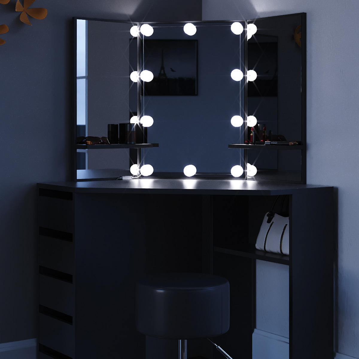 ECKSCHMINKTISCH Arielle Schwarz 110 cm mit LED Beleuchtung und Hocker - Schwarz, Holzwerkstoff (110/141.5/54cm) - Vicco