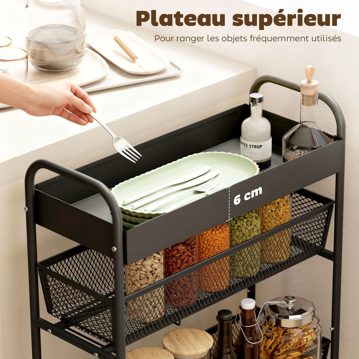 KÜCHENWAGEN DE-17141 3 ausziehbare Körbe & obere Ablage Schwarz - Schwarz, Metall (19/80/43.2cm) - ComfortXL