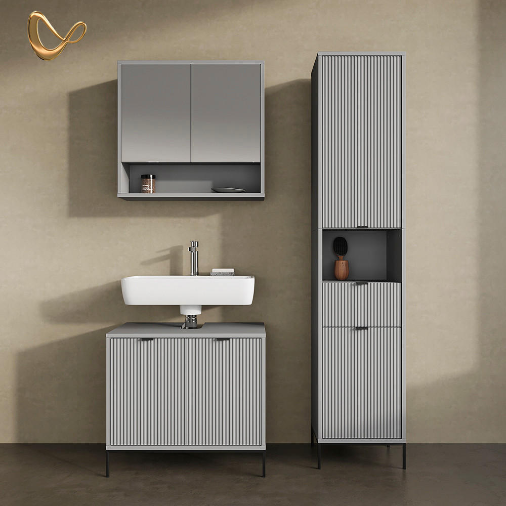 BADMÖBEL-SET ATERNO Grau 3 Teile, mit Hochschrank - Grau, Holzwerkstoff (70/63/45cm) - Livinity®
