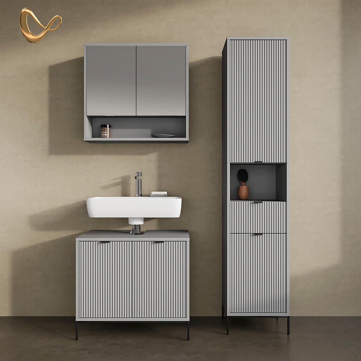 BADMÖBEL-SET ATERNO Grau 3 Teile, mit Hochschrank - Grau, Holzwerkstoff (70/63/45cm) - Livinity®