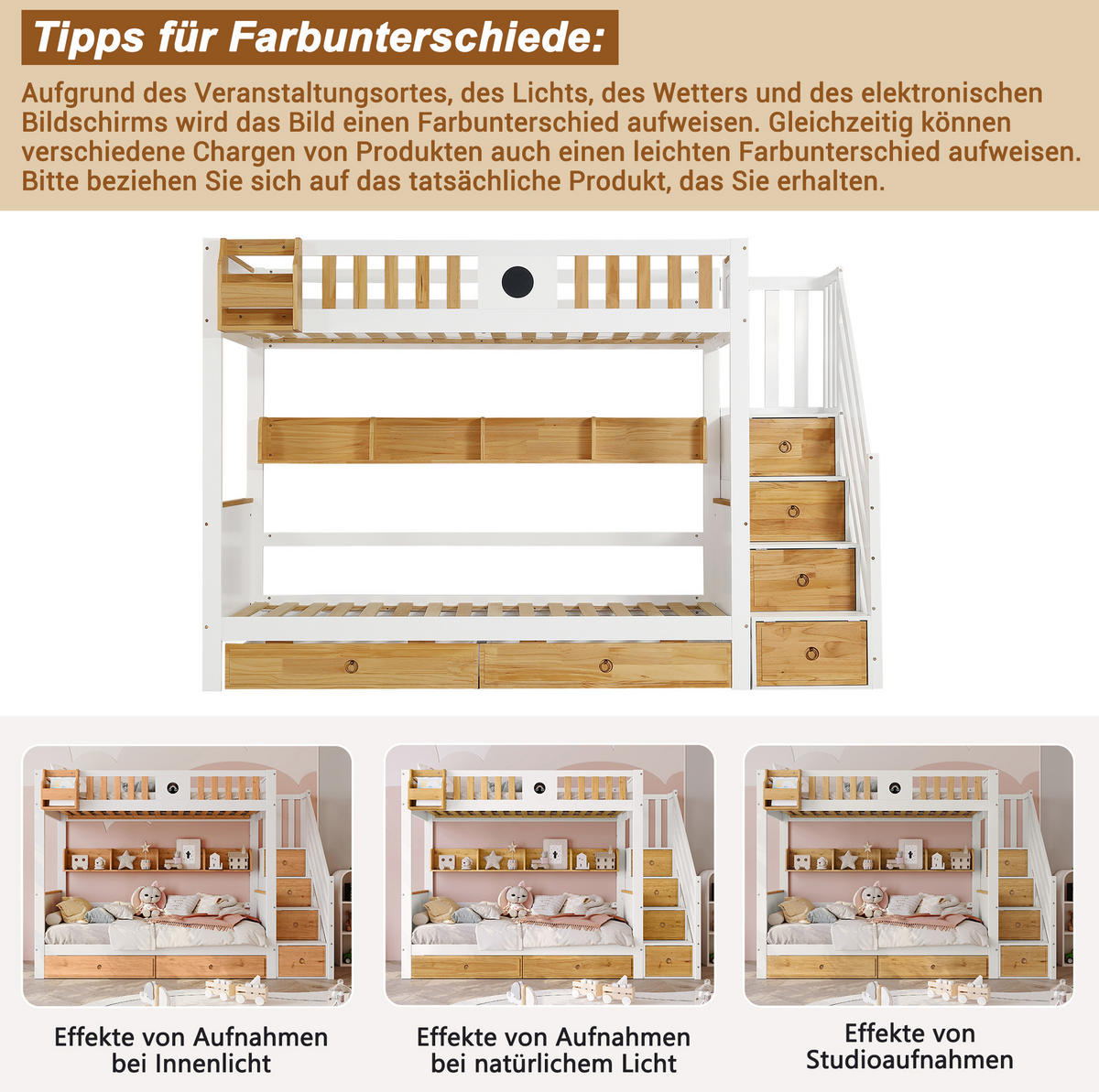 ETAGENBETT 90/200 cm in Weiß/Natur mit Stauraumtreppe und 2 Schubladen - Weiß, Holzwerkstoff (90/200cm) - Flora Grace