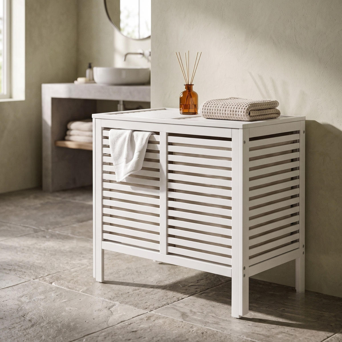 WÄSCHEKORB Bambus Moa 90 l 40/60/58,5 cm - Weiß, Naturmaterialien (60/58.5/40cm) - NUXIO
