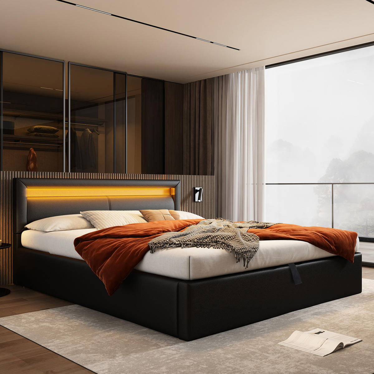 POLSTERBETT 140x190 LED Lattenrost Stauraum Schwarz - Schwarz, Leder - FLIEKS