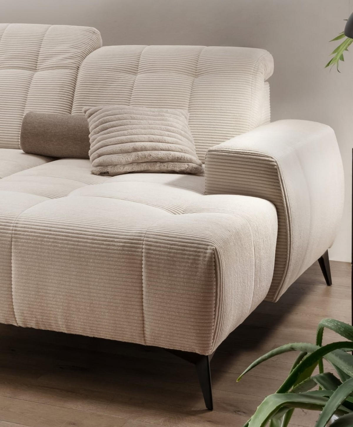 WOHNLANDSCHAFT mit elektrisch verstellbare Relaxfunktion, Cord-Stoff - Beige/Schwarz, Textil/Metall (337/104/200cm) - myHomelando