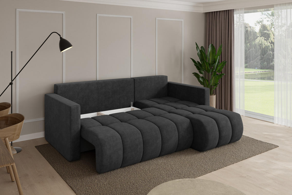 ROHOVÁ SEDAČKA s funkcí spaní, otoman vpravo GARD-L 226x146x85 tmavě šedá velur - černá/antracitová, kompozitní dřevo/textil (226/146cm) - ALTDECOR