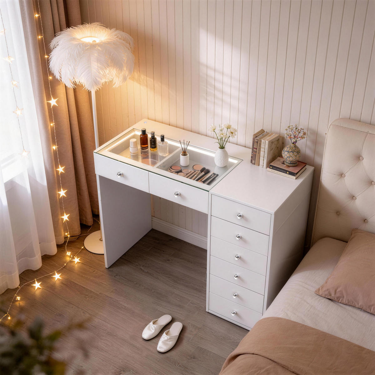 KONSOLENTISCH mit LED 8 Schubladen 120/55/81 CM - Weiß, Holz (120/55/81cm) - VANITII