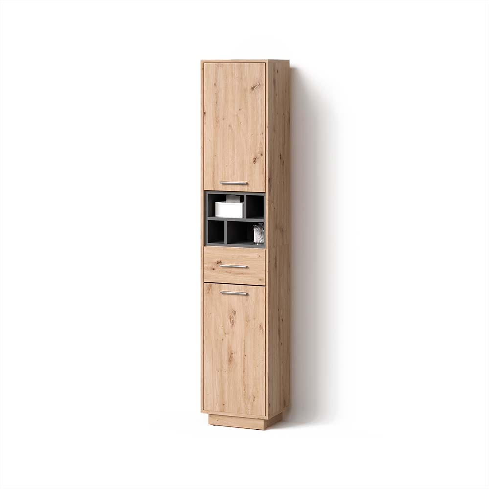Livinity® KOUPELNOVÁ SKŘÍŇKA Temo Dub Artisan/antracit 38 x 190 cm s dvířky, zásuvkou a otevřenými přihrádkami